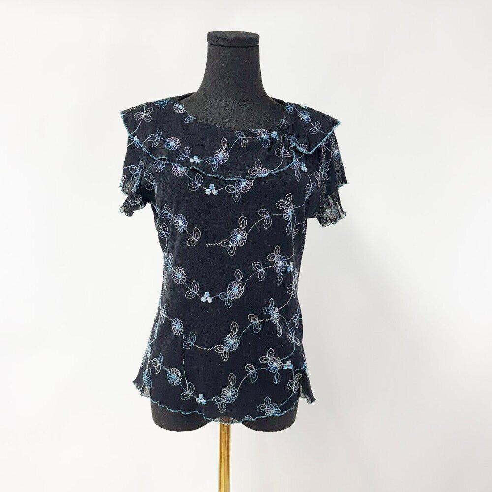 VINTAGE STYLE RUFFLE LACE TOP WITH BLUE EMBROIDERY DETAILS MESH MATERIAL